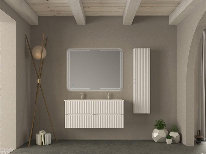 Badezimmermöbel FARO 120 cm gerippte Weiß Matt und Waschbecken Unitop aus Harz SLIM Weiß Glänzend | IperCeramica