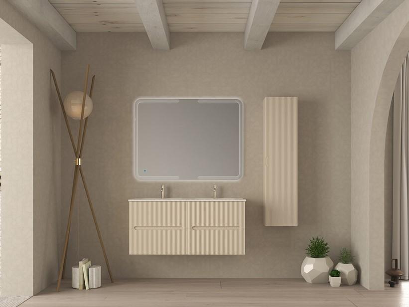 Badezimmermöbel FARO 120 cm gerippte Weiß Baumwolle und Waschbecken Unitop aus Harz SLIM Weiß Glänzend | IperCeramica