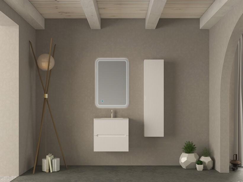 Badezimmermöbel FARO 60 cm gerippte Weiß Matt und Waschbecken Unitop aus Keramik ANIKA Weiß Glänzend | IperCeramica