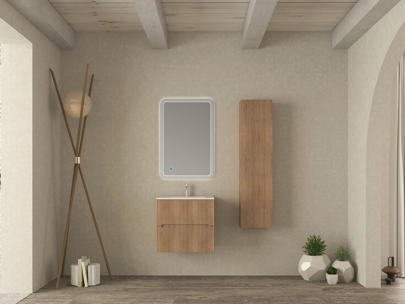 Badezimmermöbel FARO 60 cm gerippte Tabak-Eiche und Waschbecken Unitop aus Harz SLIM Weiß glänzend | IperCeramica