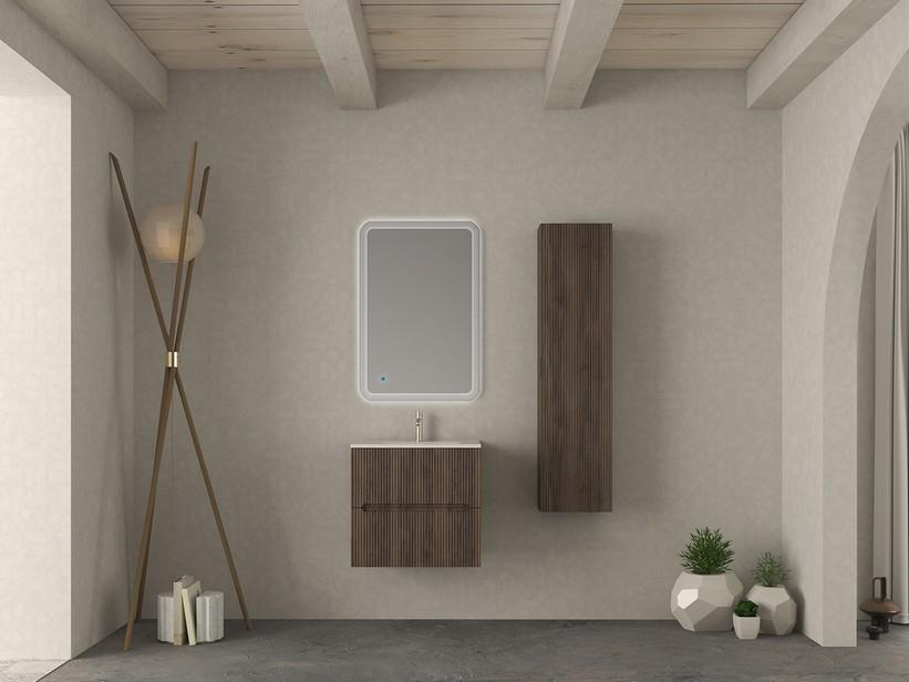 Badezimmermöbel FARO 60 cm gerippte Nussbaum und Waschbecken Unitop aus Keramik ANDY Weiß Hochglanz | IperCeramica