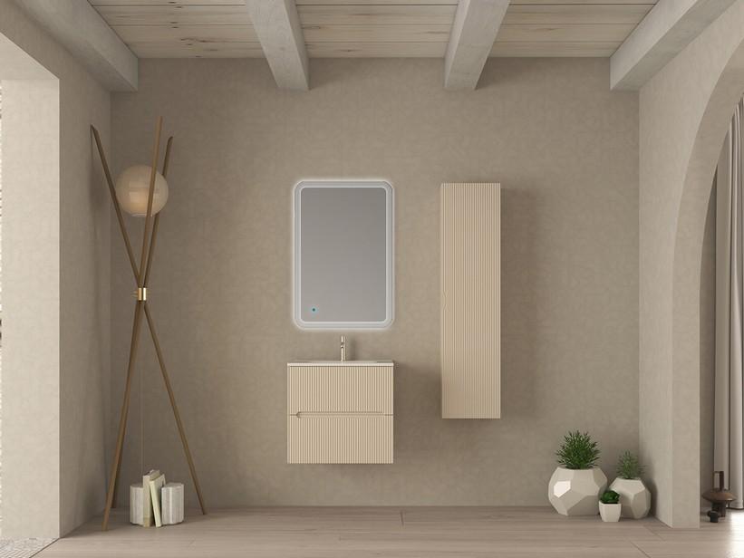 Badezimmermöbel FARO 60 cm gerippte Weiß Baumwolle und Waschbecken Unitop aus Keramik ANIKA Weiß Glänzend | IperCeramica