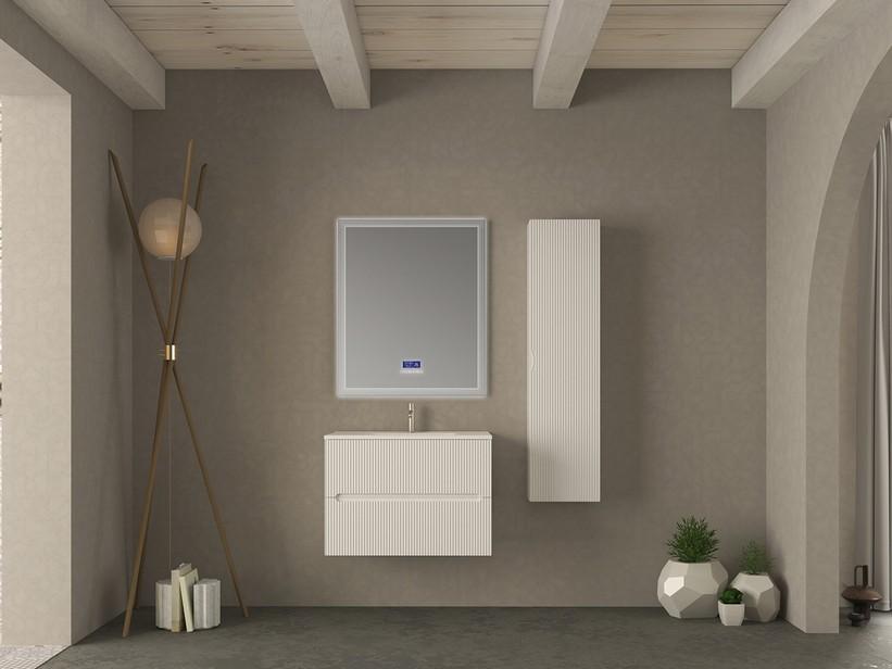 Badezimmermöbel FARO 80 cm gerippte Weiß Matt und Waschbecken Unitop aus Keramik ANDY Weiß Glänzend | IperCeramica