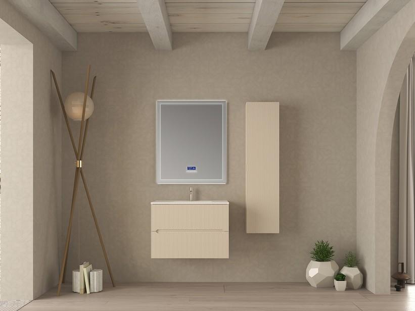 Badezimmermöbel FARO 80 cm gerippte Weiß Baumwolle und Waschbecken Unitop aus Keramik ANDY Weiß Glänzend | IperCeramica