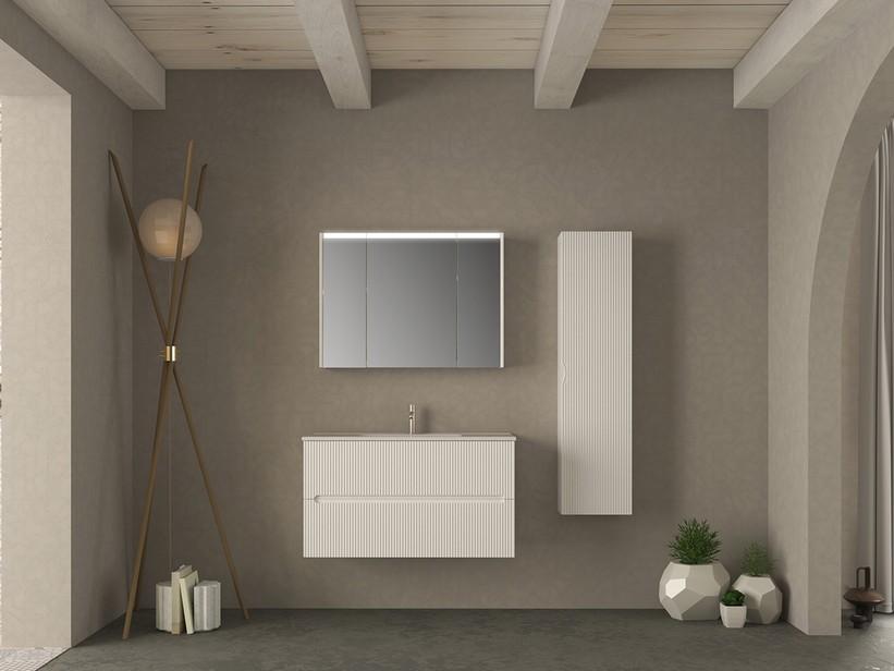 Badezimmermöbel FARO 100 cm gerippte Weiß Matt und Waschbecken Unitop aus Keramik ANDY Weiß Glänzend | IperCeramica