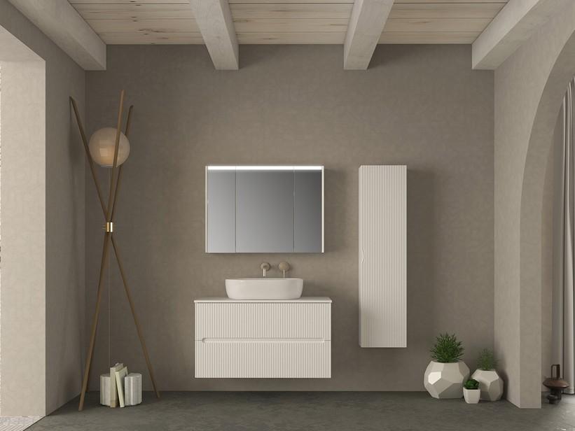 Badezimmermöbel FARO 100 cm gerippte Weiß Matt mit Aufsatz für Aufsatzwaschbecken | IperCeramica