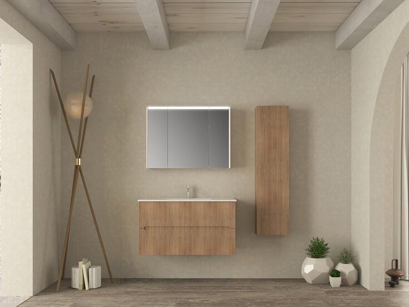 Badezimmermöbel FARO 100 cm gerippte Tabak-Eiche und Waschbecken Unitop aus Keramik ANDY Weiß Hochglanz | IperCeramica