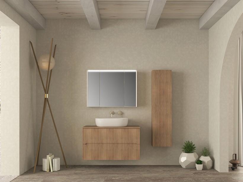 Badezimmermöbel FARO 100 cm gerippte Tabak-Eiche mit Aufsatz für Aufsatzwaschbecken | IperCeramica