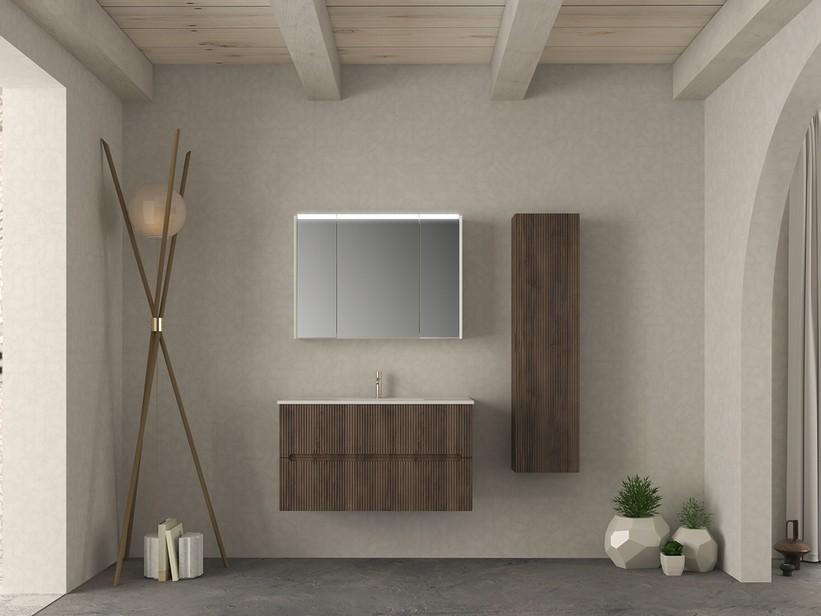 Badezimmermöbel FARO 100 cm gerippte Nussbaum und Waschbecken Unitop aus Keramik ANIKA Weiß Hochglanz | IperCeramica