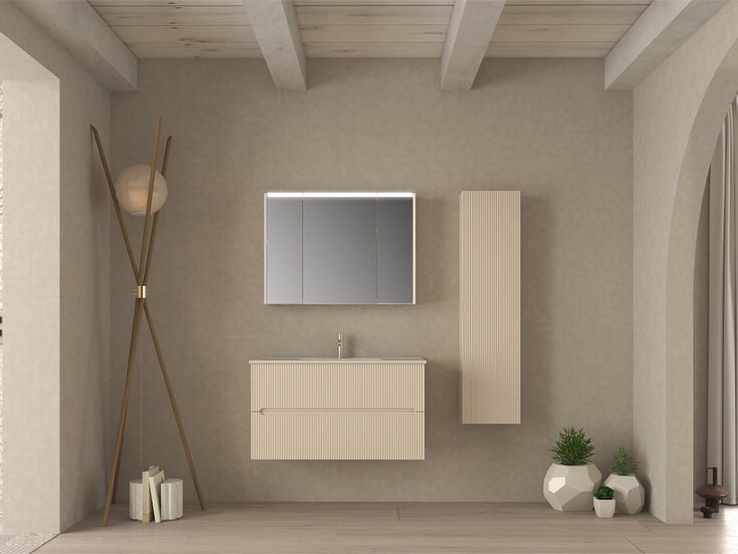 Badezimmermöbel FARO 100 cm gerippte Weiß Baumwolle und Waschbecken Unitop aus Keramik ANDY Weiß Glänzend | IperCeramica