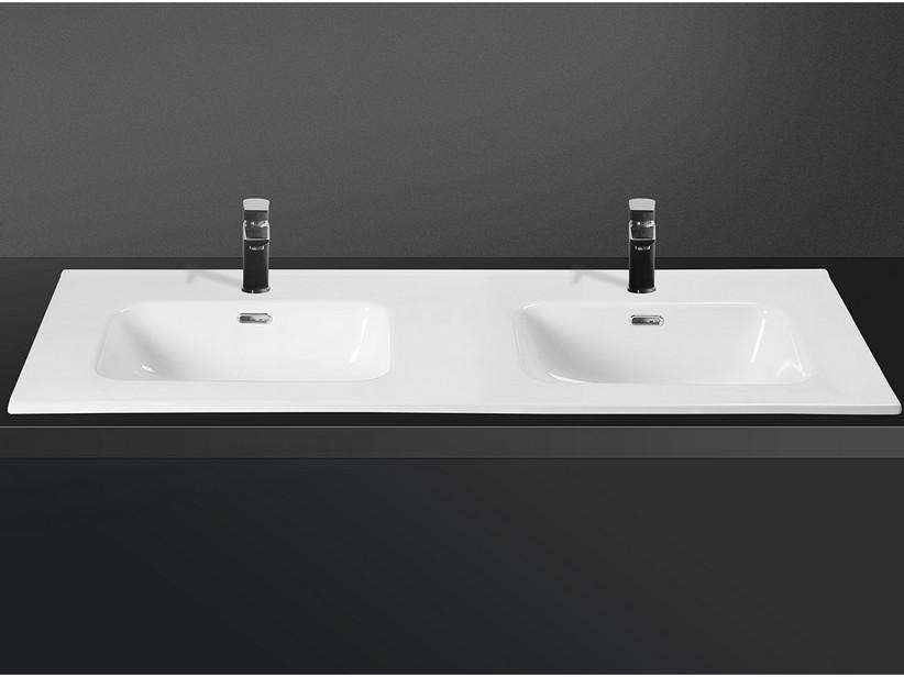 Waschbecken Smart Unitop 121x46,5 cm mit Doppelbecken aus Keramik Weiß glänzend | IperCeramica