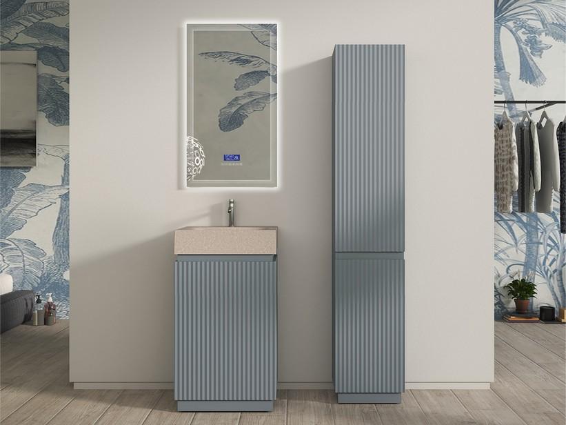 Badmöbel FARO am Boden 50 cm gerippt Blau Avio matt und Waschbecken Unitop aus HPL Quarzit hell | IperCeramica