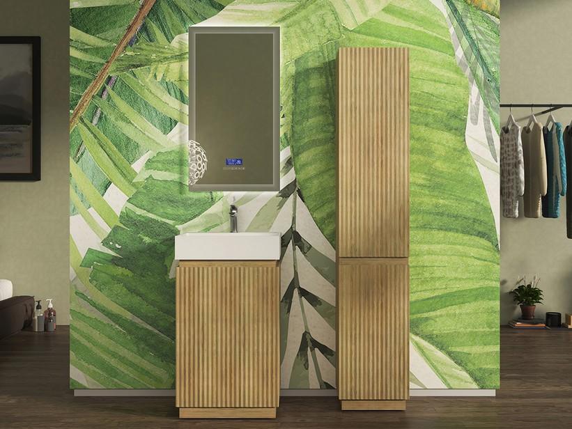 Freistehendes Badmöbel FARO 50 cm gerippt Tabak Eiche und Waschbecken aus Harz TRIBECA Weiß matt | IperCeramica