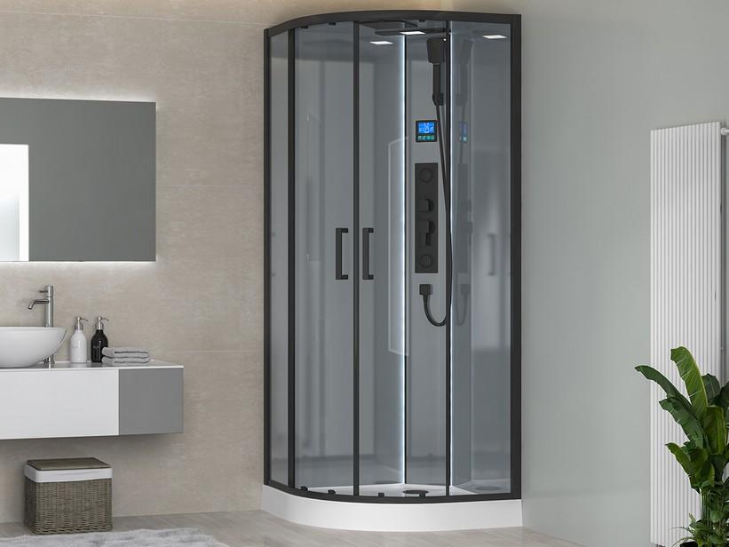 Multifunktionale LED-Duschkabine Maui, halbrund, 90 cm, H220 cm, umkehrbar – 5 mm transp. Scheiben, Profil in mattem Schwarz | IperCeramica