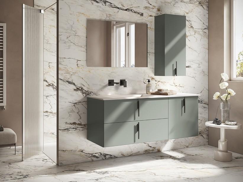 Badmöbel DESK 140 cm Grün matt - Griffe Schwarz matt und Waschbecken HIDE Pietra Weiß | IperCeramica