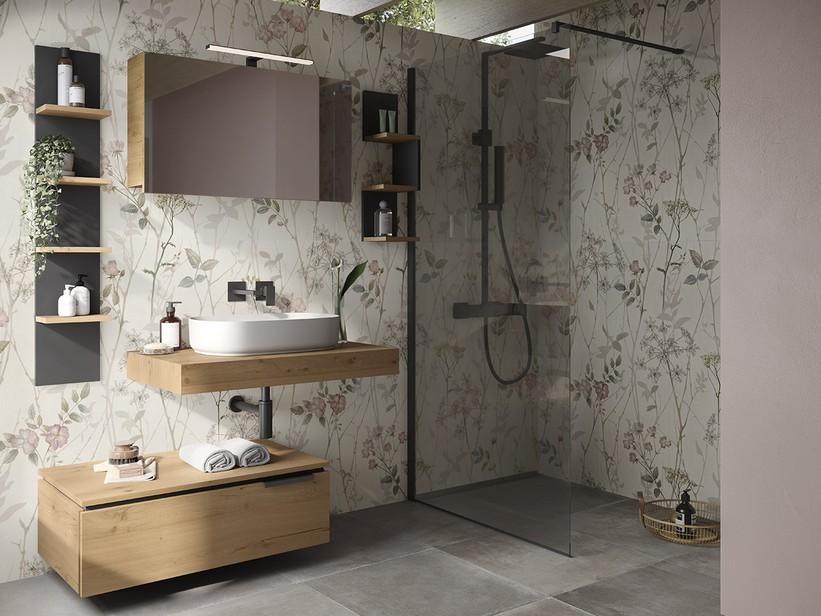 Bad Hängendesschrank OXYGEN Etagere H67,5 3 Regale aus Eichenholz mit Knoten und matt schwarzer Boden | IperCeramica