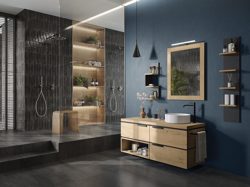 Badmöbel OXYGEN 140cm, 3 Schubladen und links offenes Fache mit 4,5cm Platte aus natürlichem, geknotetem Eichenholz | IperCeramica