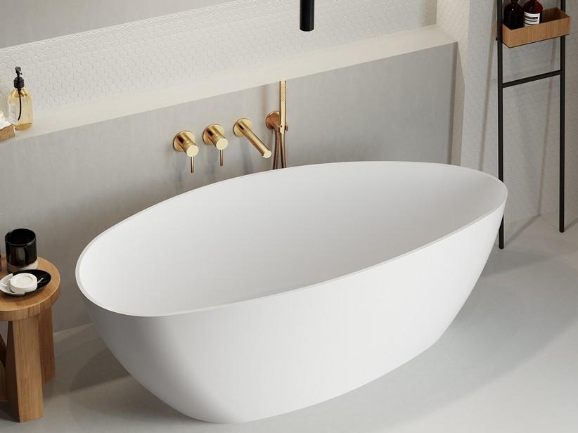 Freistehende Badewanne Lucerna 156x71 cm ohne Überlauf aus matt weißem Harz | IperCeramica