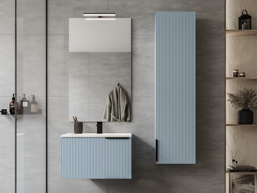 Badezimmermöbel AVIVO 60 cm 1 Schublade gerippte Azzurro Opaco mit Waschbecken aus glänzender weißer Keramik | IperCeramica