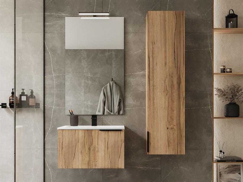 Badezimmermöbel AVIVO 60 cm 1 Schublade gerippte Eiche hell mit Waschbecken aus Kunstharz HIDE Weiß matt | IperCeramica