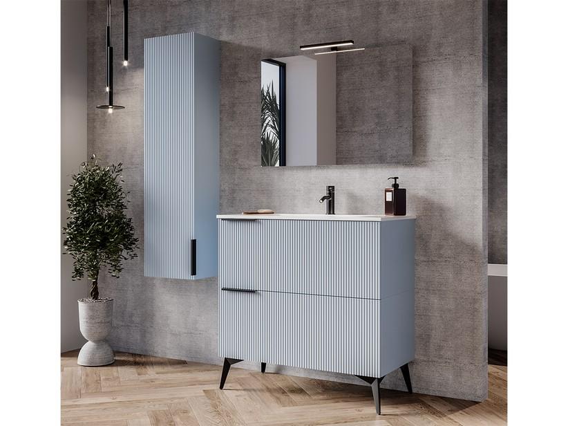 Badezimmermöbel AVIVO 90 cm 2 Schubladen gerippte Mattblau mit Waschbecken aus glänzender weißer Keramik | IperCeramica