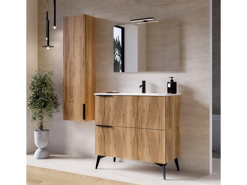 Badezimmermöbel AVIVO 90 cm, 2 Schubladen, helles Eichenholz mit Riffelung, mit Waschbecken aus weißem Hochglanzkunstharz | IperCeramica