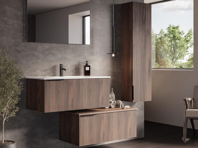 Badezimmermöbel AVIVO 90 cm 1 Schublade gerippte Eiche dunkel mit Waschbecken aus weißer glänzender Keramik | IperCeramica