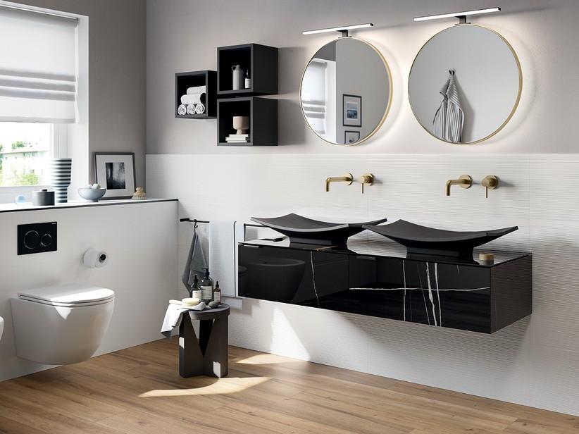 Badmöbel CLASS GRES 140 cm 2 Schubladen und Platte aus Feinsteinzeug Sahara Noir glänzend | IperCeramica