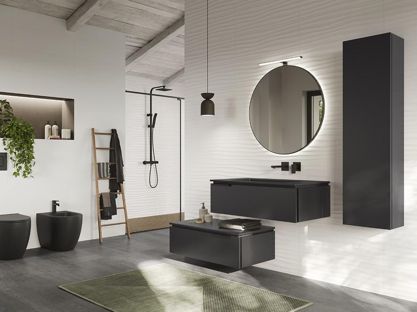 Badmöbel TOUCH 90 cm 1 Schublade Phoenix Schwarz Matt und Waschbecken HIDE Schwarz | IperCeramica