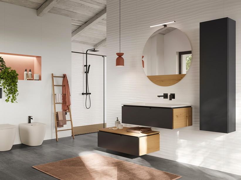 Kommode TOUCH 70 cm 1 Schublade Phoenix Schwarz Matt und Platte 1,8 cm Eiche mit Knoten | IperCeramica