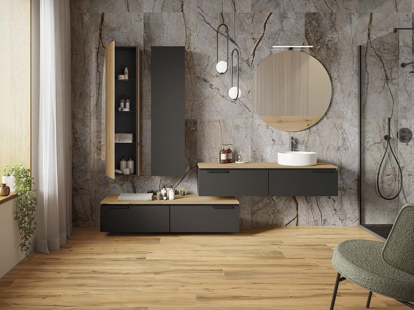 Badmöbel TOUCH 140 cm 2 Schubladen Phoenix Schwarz Matt und Top 1,8 cm Eiche mit Knoten | IperCeramica