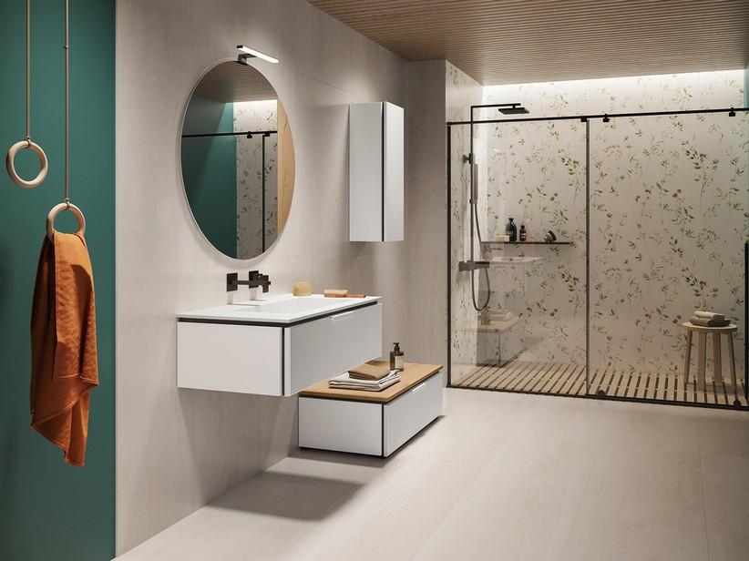 Badmöbel BLUES 90 cm 1 gerippte Schublade Weiß matt und Unitop-Waschbecken TRENDY aus Gussmarmor Weiß glänzend | IperCeramica