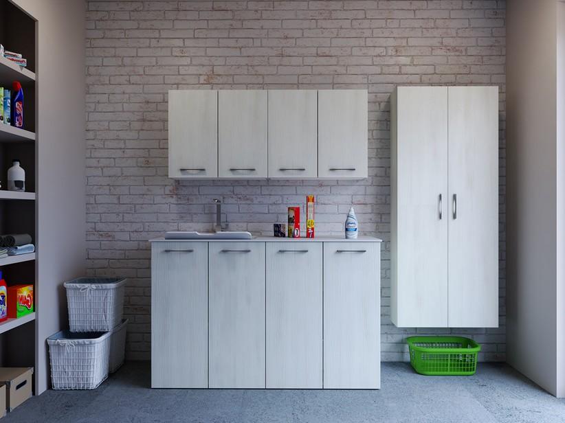 Waschküchenschrank BONK 140 cm 4 Türen mit Waschbecken aus Mineralwerkstoff links - Matrixweiß | IperCeramica