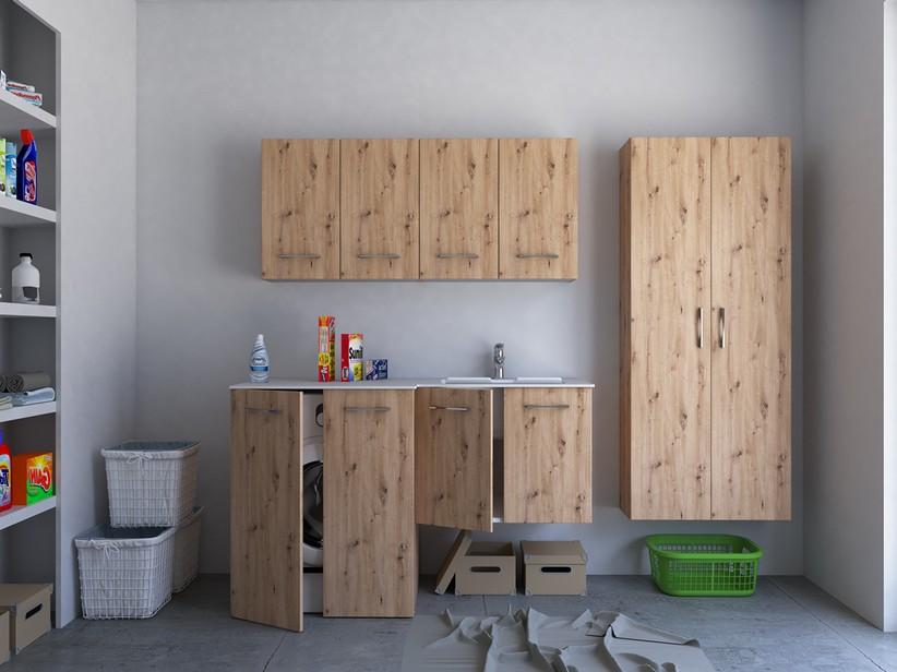 Waschküchenschrank BONK 140x51/63 cm 4 Türen mit Waschbecken aus Mineralwerkstoff rechts - Eiche geknorrt | IperCeramica