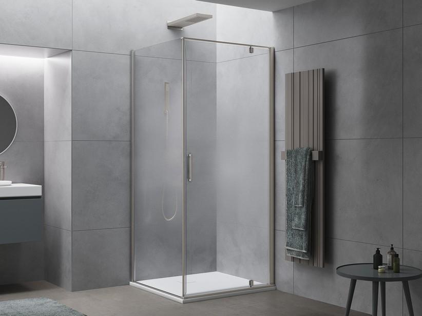 Eck-Duschkabine Dado 80x80 H200 rechte Schwingtür aus Verlaufskristallglas, Profile mit der Optik von gebürstetem Edelstahl | IperCeramica