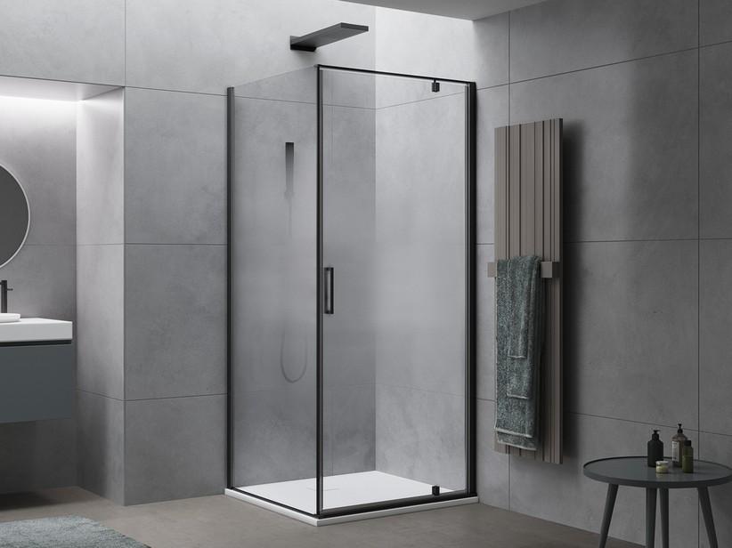 Eck-Duschkabine Dado 80x80 H200 Erw 78/80 - 78/80 rechte Schwingtür aus Verlaufskristallglas, Profile Schwarz matt | IperCeramica