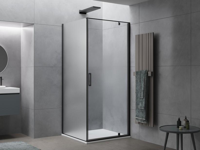 Eck-Duschkabine Dado 80x80 H200 Erw 78/80 Schwingtür rechts aus satiniertem Kristallglas, Profile Schwarz matt | IperCeramica