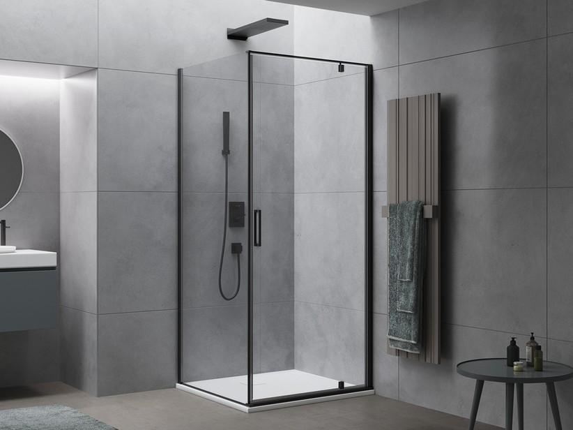 ECKDUSCHKABINE DADO 80x80 H200 Erw 78/80 cm DREHTÜR ANSCHLAG RECHTS FESTER SEITENWAND GLASSTÄRKE 8 mm TRANSPARENT SCHWARZ MATT | IperCeramica
