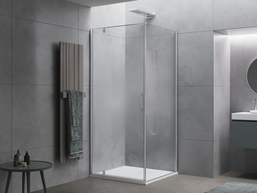 Eck-Duschkabine Dado 80x80 H200 Erw 78/80 - 78/80 linke Schwingtür aus Verlaufskristallglas, Profile Chrom | IperCeramica