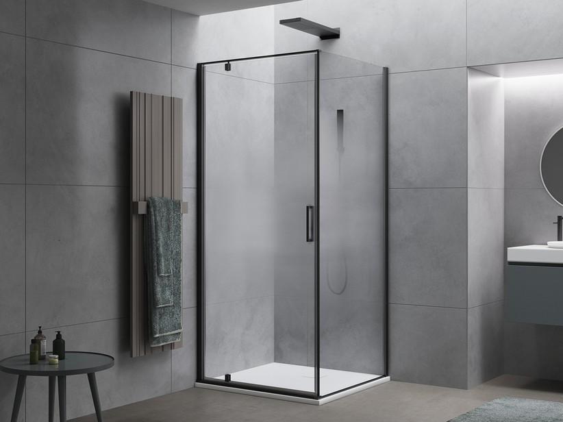 Eck-Duschkabine Dado 80x80 H200 Erw 78/80 - 78/80 linke Schwingtür aus Verlaufskristallglas, Profile Schwarz matt | IperCeramica