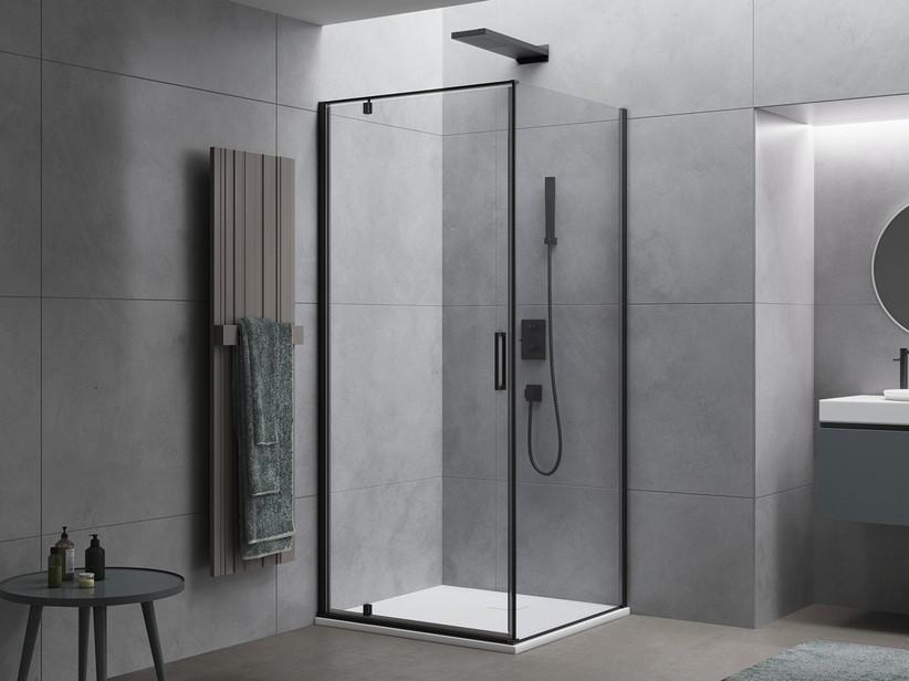 ECKDUSCHKABINE DADO 80x80 H200 Erw 78/80 cm DREHTÜR ANSCHLAG LINKS FESTER SEITENWAND GLASSTÄRKE 8 mm TRANSPARENT SCHWARZ MATT | IperCeramica