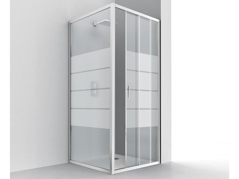 ECKDUSCHKABINE NICE 120x75 H195 Erw 118/122 - 74,5/78,5 cm SCHIEBETÜR FESTER SEITENWAND GLASSTÄRKE 6 mm TRANSP SIEBDRUCK CHROM | IperCeramica