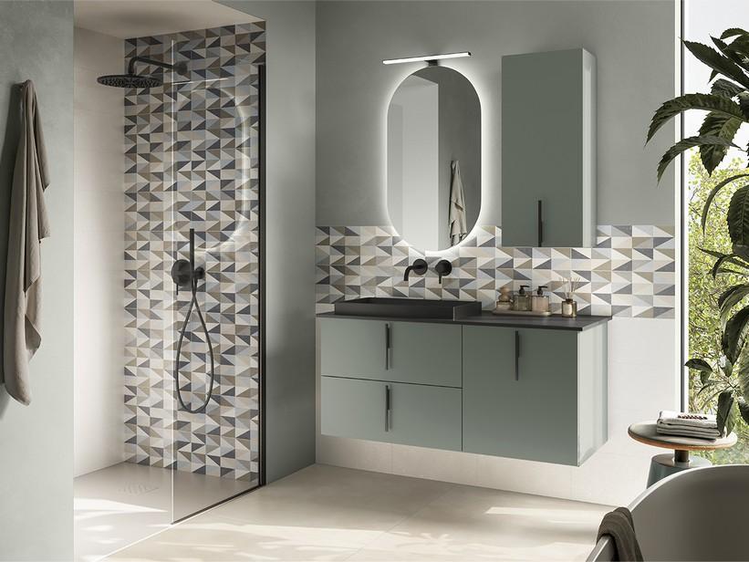 Badezimmermöbel DESK 120 cm Grün matt – Griffe und Waschbecken STAR Stein Schwarz matt | IperCeramica