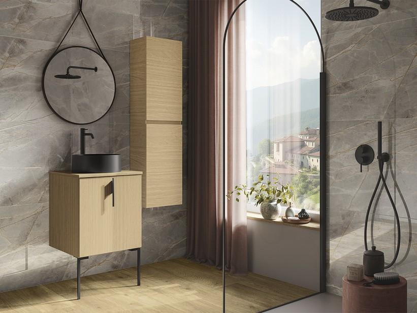 Badezimmermöbel DESK 50 cm 1 Tür Eiche hell – Griffe und Füße schwarz matt | IperCeramica