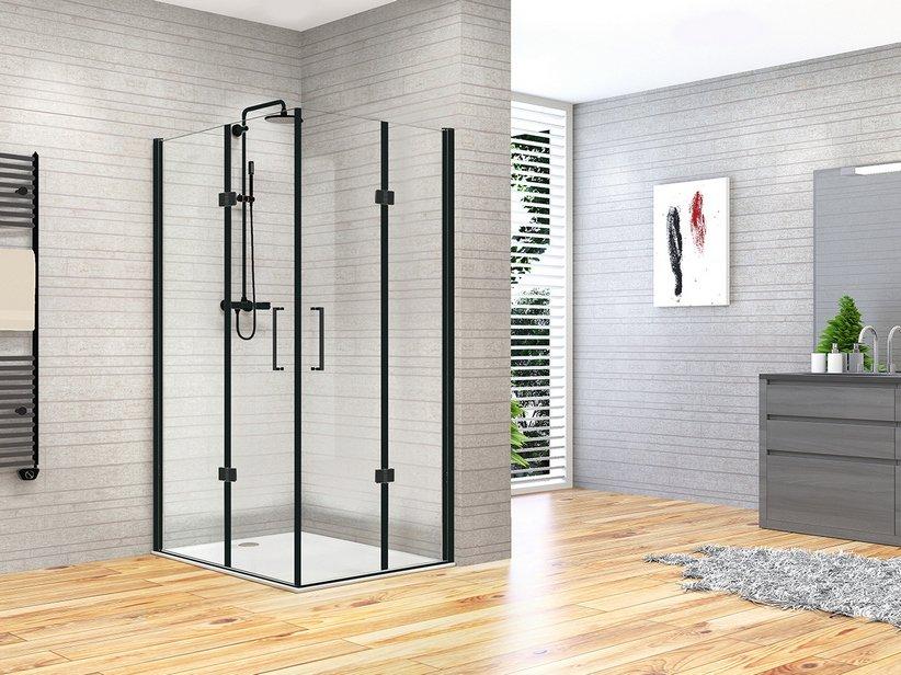 ECKDUSCHKABINE FANTASY2 80x80 cm H192 Erw 78,5/80,5 SCHWINGFALTTÜREN GLASSTÄRKE 6 mm TRANSPARENT SCHWARZ MATT | IperCeramica