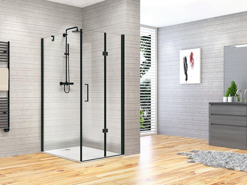 ECKDUSCHKABINE FANTASY2 80x80 H192 cm SCHWINGFALTTÜR MIT FESTER SEITENWAND GLASSTÄRKE 6 mm TRANSPARENT SCHWARZ MATT | IperCeramica
