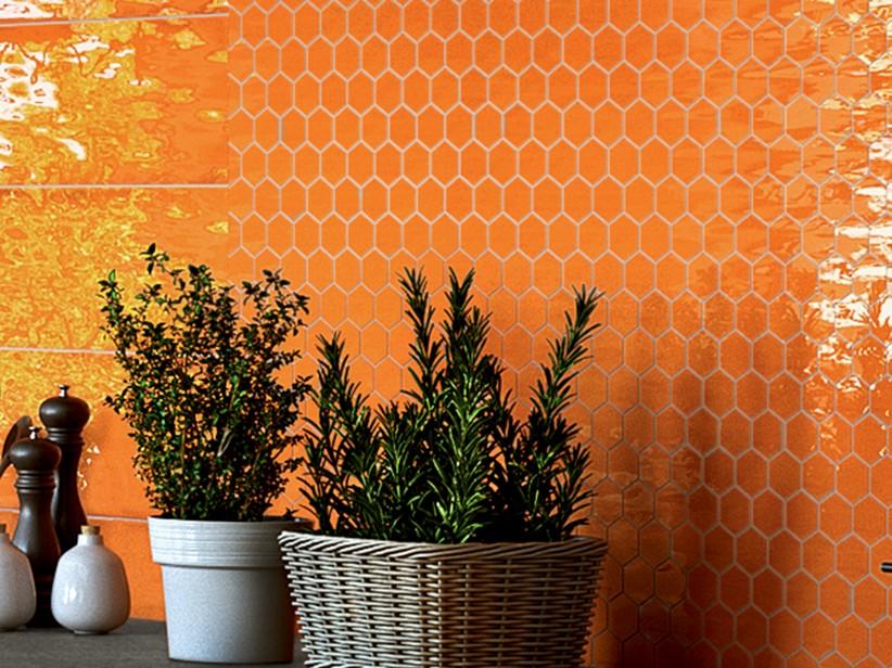 Mosaik Intinta Mandarino 28,8x33,3 glänzend sechseckiges Orange | IperCeramica