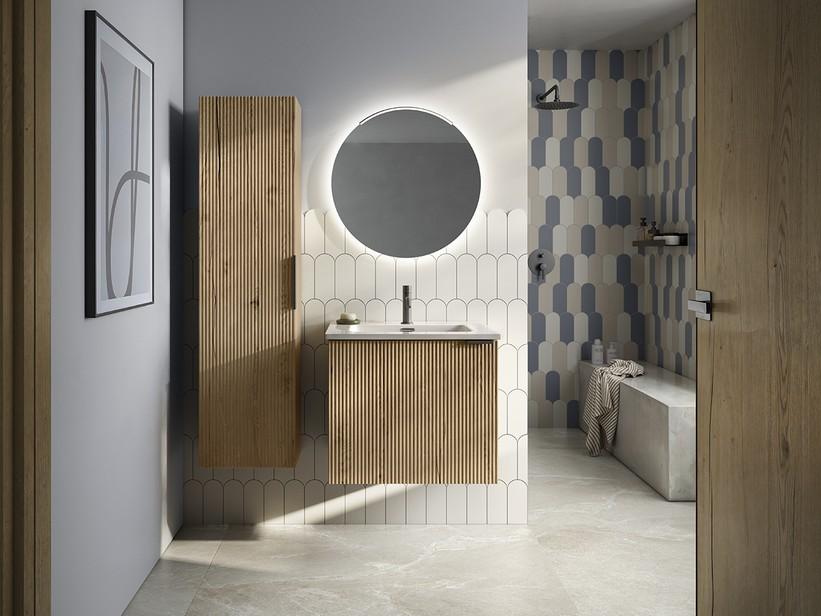 Badmöbel AVIVO 60 cm 1 Tür gerippt Eiche hell mit Waschbecken HIDE aus Harz Weiß matt | IperCeramica