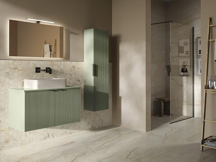 Badmöbel AVIVO 90 cm 2 Türen gerippt mit dünne Platte Grün matt | IperCeramica