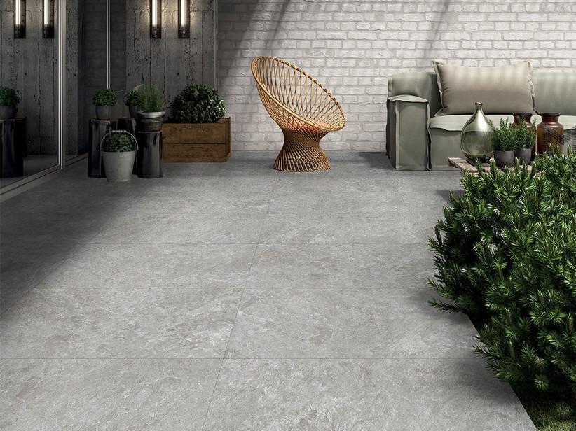 Fliese Jersey Grey XOUT 60,5x60,5 Feinsteinzeug für Außenbereich Stärke 20mm rektifiziert Steinoptik Grau | IperCeramica